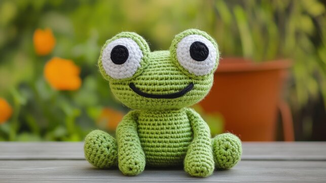 Cute handmade amigurumi crocheted green frog toy sitting on a wooden surface in a garden
