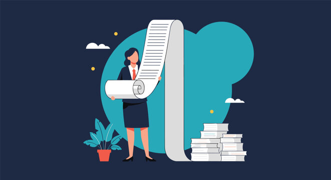 Stressed businesswoman holding an incredibly long paper scroll list of daily tasks or financial data in a dark modern office space.