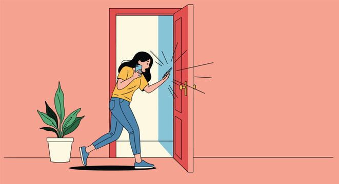 Frustrated young woman shouting and knocking on a closed red door while holding her smartphone in a bright indoor home setting.