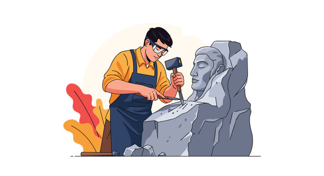 Skilled male sculptor wearing safety goggles and an apron using a hammer and chisel to carve a stone head in a creative workshop.