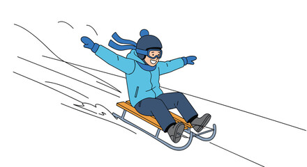 Fototapeta premium Happy young boy wearing winter clothes and goggles sliding down a snowy hill on a wooden sled with arms wide open.