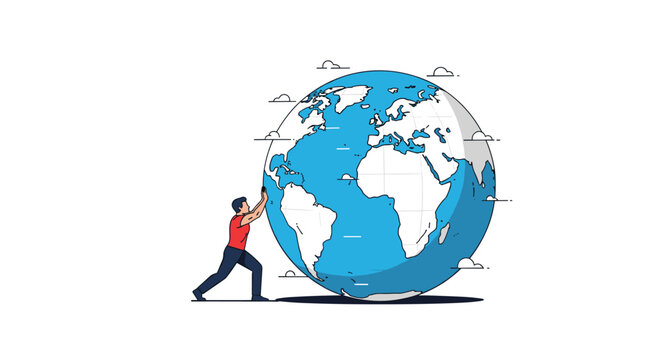Strong man pushing a giant globe of the earth across a white background representing global effort and responsibility.