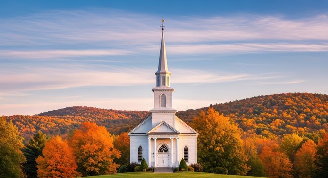 A white steeple church sits nestled in rolling foothills covered in brilliant orange and red autumn leaves under a clear blue sky at dawn, hills, season, chapel