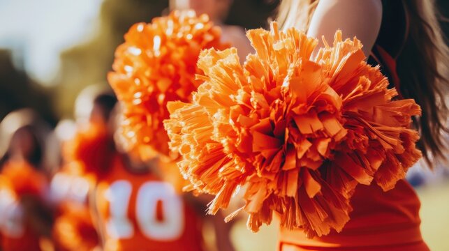Close up of cheerful girls pom poms held by cheerleaders performing during a sports match