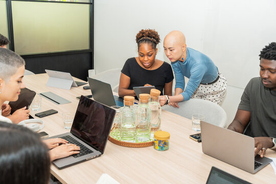 Team Works Together in Meeting Room Around Laptops and Documents
