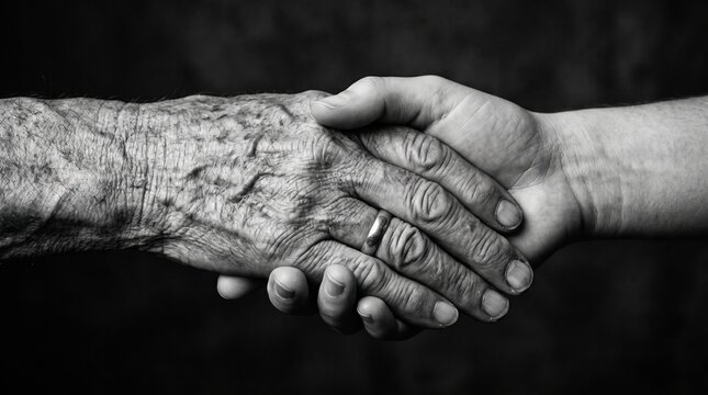 Close-up of elderly person and younger person holding hands in black and white with generations connection wrinkled