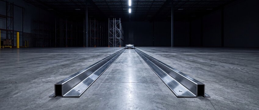 Metal tracks embedded in concrete floor of dark industrial warehouse with automated guided vehicle AGV in distance industrial automation technology concept.