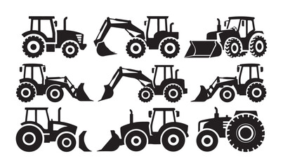 Tractor and bulldozer silhouette icons set for agricultural and construction industries. © Tanvir