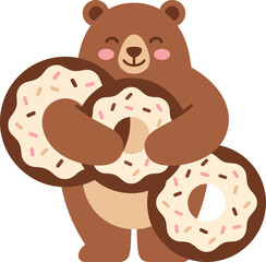 Fototapeta premium Cute Bear Hugging Chocolate Donuts Kawaii Animal Flat Vector Illustration