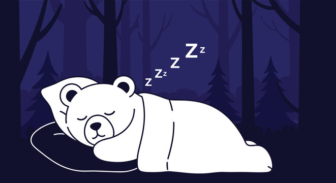 Cute white polar bear sleeping comfortably under a blanket in a dark blue forest at night with zzz symbols floating above its head.
