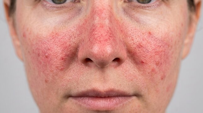 Close-up of woman face showing symptoms of rosacea skin condition with inflammation dermatology condition complexion