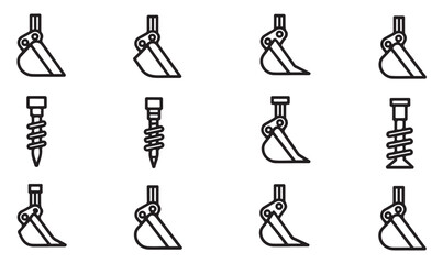 Collection of detailed excavator parts and drill attachments for construction equipment. © Tanvir