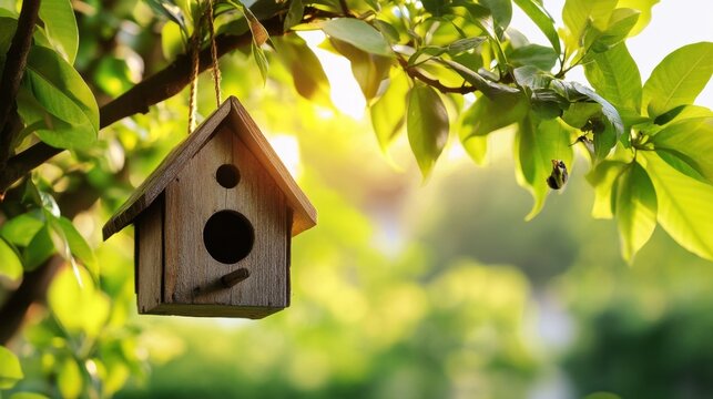 Charming rustic wooden birdhouse hanging from a tree branch among green leaves in a sunny garden