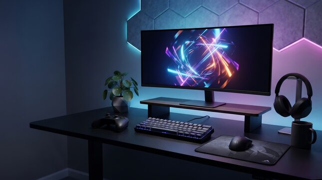 Gaming Workspace  indoor photography, With Computer Monitor Keyboard Mouse And Headset In A Dark Room setup desk gamer