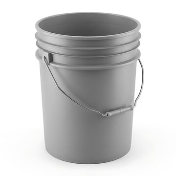 A single grey plastic bucket with a metal handle used for cleaning or holding household items and construction tools. 5 gallon pail