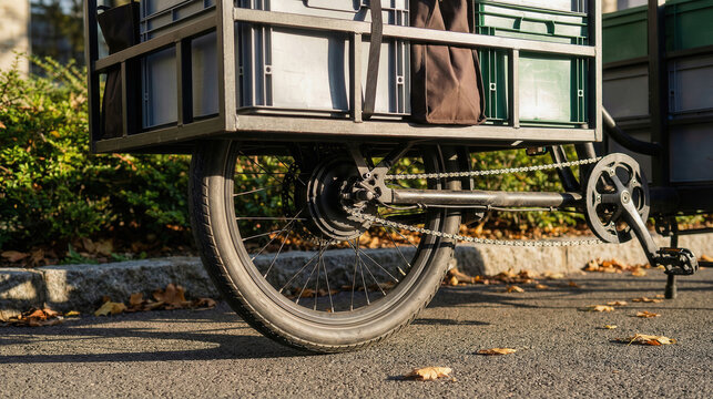 Metal cargo box with wheel and chain drive on a cargo bike