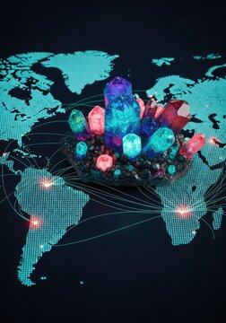 Glowing crystalline rare earth minerals sit atop a digital world map illustrating global trade routes and strategic resource extraction, inventory, raw materials, electronics
