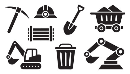 Mining industry icons set with pickaxe helmet shovel ore cart excavator and waste basket. © Tanvir