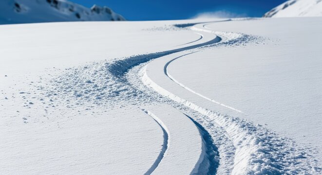 Graceful lunging stride patterns carved into fresh mountain powder illustrate the rhythmic motion of traditional downhill winter sport turns, downhill, texture, technique