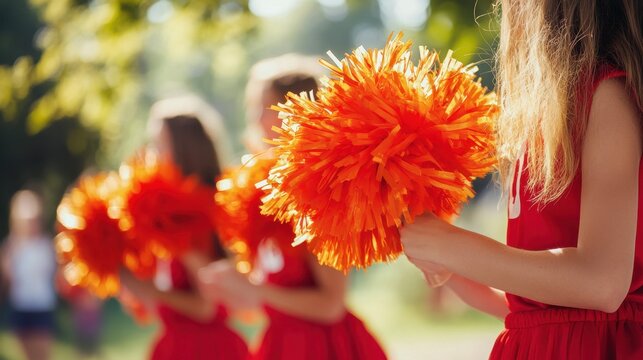 Close up of cheerful girls pom poms held by cheerleaders performing during a sports match