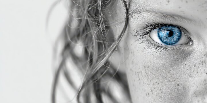 Extreme close-up portrait of human eye with blue iris and detailed freckled skin texture in black and white freckles macrophotography portrait expression observing piercing monochrome artistic