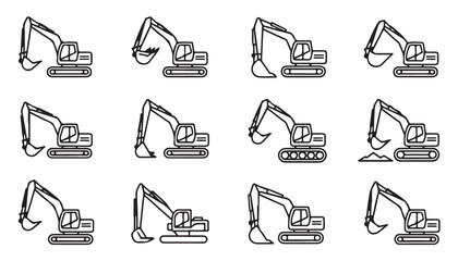 Digger outline icons showing different boom positions and bucket angles for construction. © Tanvir