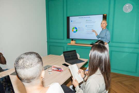 Presenter Shows a Chart in a Business Meeting Setting