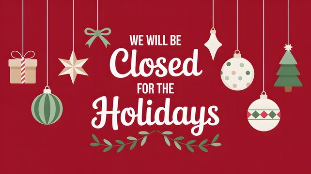 We will be closed for the holidays sign with hanging christmas ornaments on a dark red background