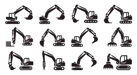 Excavator machinery silhouette icons set, digger construction vehicles vector collection. © Tanvir