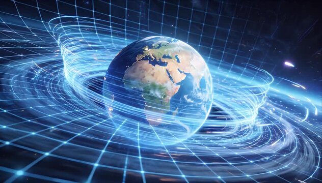 Glowing globe digital tunnel background with blue grid light and data ring, futuristic earth orbit planet network science technology concept from global digital world cosmos data connection tunnel