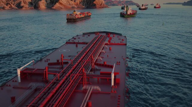 Oil tanker deck reveal of ships in coastal strait at sunset
