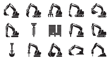 Construction machinery silhouette icons set, excavator vehicle and attachments vector collection. © Tanvir