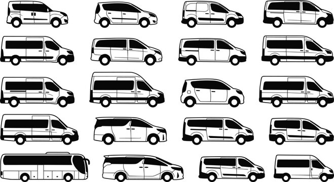 Commercial Cargo Van And Passenger Bus Silhouette Vector Set For Shipping Logistics Graphic Design Templates
