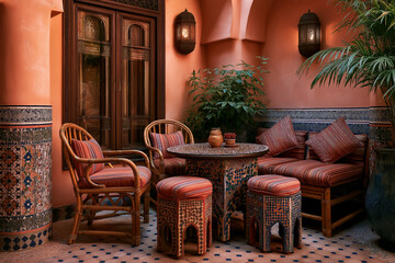 Fototapeta premium Elegant outdoor seating area with vintage rattan furniture. Stylish boho-chic patio set featuring woven chairs and a coffee table. Luxury eco-frien...