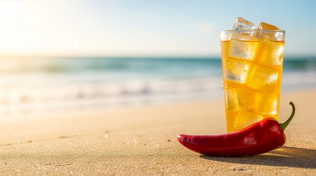 A creative concept of a hot red chili pepper next to a tall glass of refreshing iced tea cocktail on a sunny sandy beach during a bright summer day with blurred ocean background.