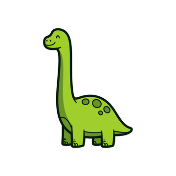 Cartoon green dinosaur with long neck, smiling face, round spots, and stubby limbs