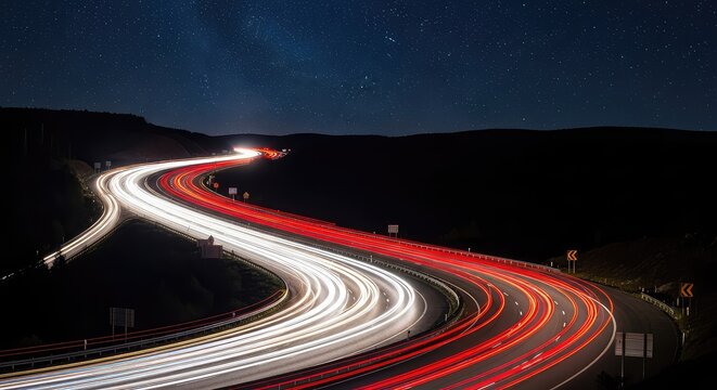Vibrant light trails from vehicles stretch along a curved nocturnal highway, creating a sense of speed and motion under the dark starry sky, freeway, velocity, commute
