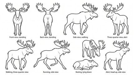 Fototapeta premium Bull Moose Poses Collection - Set of 8 Line Art Illustrations of Moose Standing, Walking, Running, and Resting