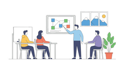Fototapeta premium Instructor using pointer to explain business flowchart diagram to students during office training.