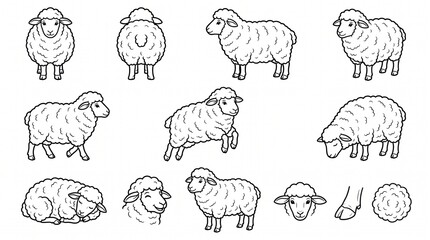 Obraz premium Cute Cartoon Sheep Vector Illustration Set, Coloring Book Page Poses of Sheep and Lambs, Farm Animal Line Art Design Elements
