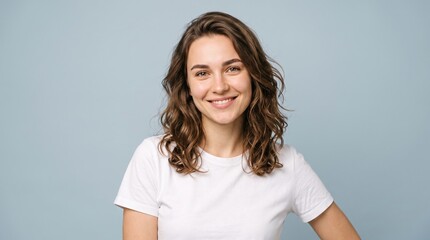 Fototapeta premium Portrait of happy young woman with curly hair portrait background attractive confident cheerful lifestyle