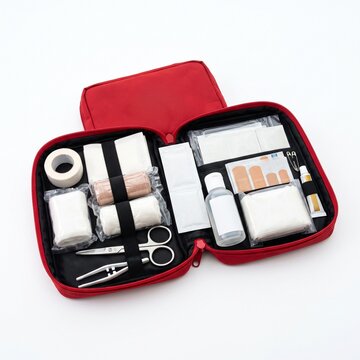 Open red first aid kit with medical supplies on white background