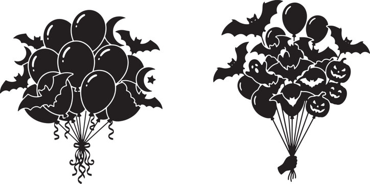 Halloween Balloon Bouquet Silhouette Set with Flying Bats, Spooky Ghost, Jack-O-Lantern Pumpkins, and Crescent Moon Vector Illustration Elements for Party Decoration and Invitation
