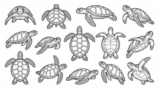 Sea Turtle Line Art Illustration Set, Marine Animal Coloring Page Outlines, Vector Turtle Graphics for Kids