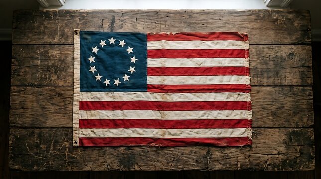 Historical betsy ross american flag with thirteen stars displayed on a rustic dark wooden wall background. 13 colonies flag