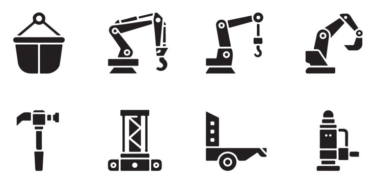 Construction equipment icons hammer scaffolding crane trailer jack.