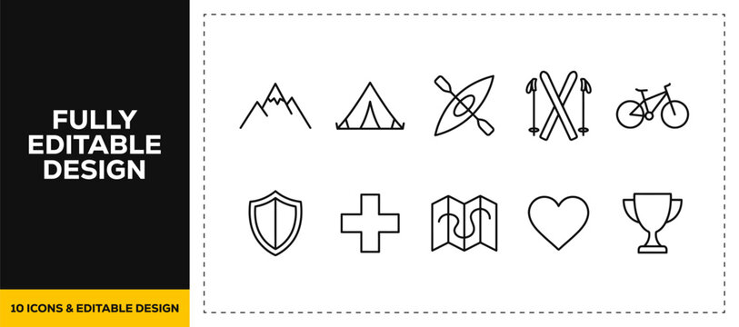 flat vector illustration line art icon bundle set design focusing on outdoor mountain expeditions camping journey map navigations travel adventures hiking graphic UI