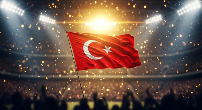 Turkish flag waving in a crowded stadium with bright stadium lights and falling gold confetti