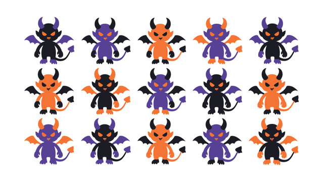 Cute cartoon devil kitten characters with bat wings in various colors