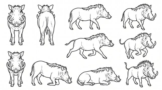 Warthog Vector Illustration Set - Wild African Pig Line Art in Various Poses for Coloring Book and Design